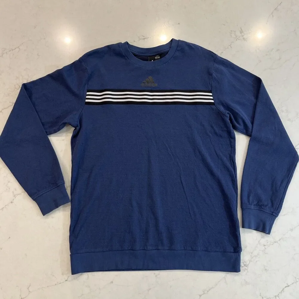 Adidas Mens Sz L Navy Blue Long Sleeve Crew Neck Heavyweight Tee Shirt 3 Stripes